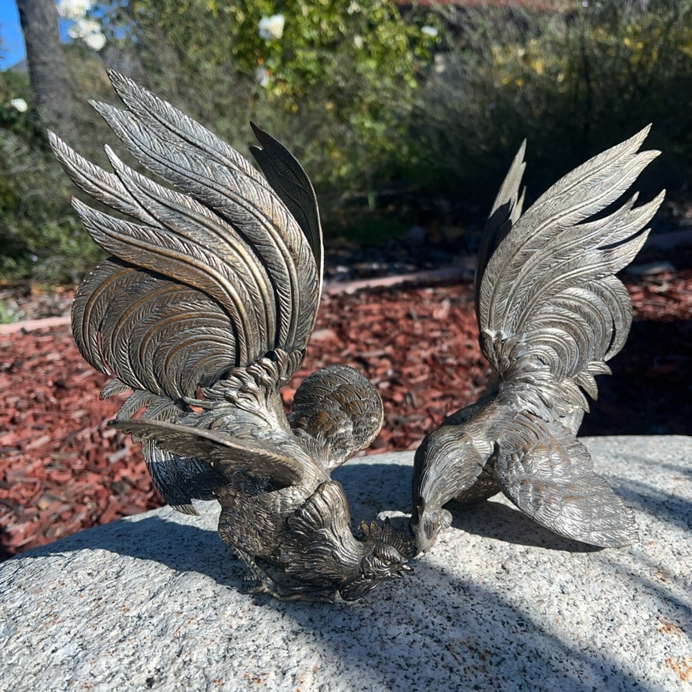 Artistic Silver Rooster Sculpture Pair